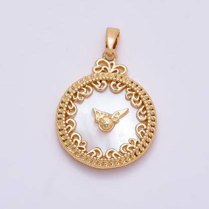 16K Gold Filled 24.5mm Mother of Pearl Clock Artisan Bezel Round Pendant in Gold &amp; Silver | Charms-01362 Charms-01363