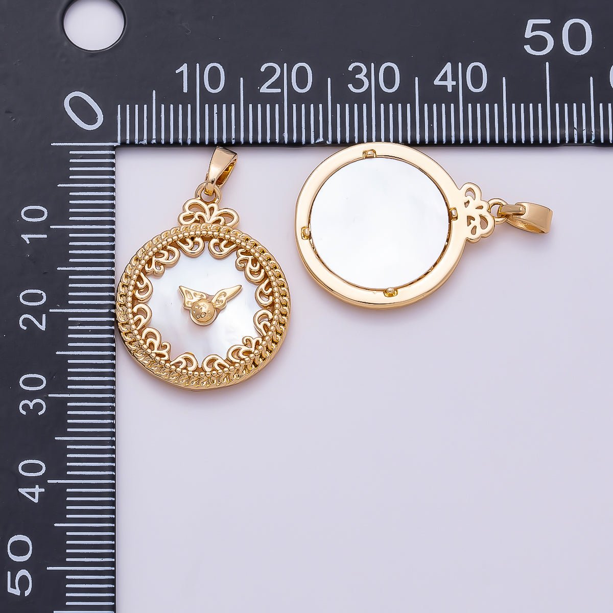 16K Gold Filled 24.5mm Mother of Pearl Clock Artisan Bezel Round Pendant in Gold &amp; Silver | Charms-01362 Charms-01363