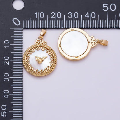 16K Gold Filled 24.5mm Mother of Pearl Clock Artisan Bezel Round Pendant in Gold &amp; Silver | Charms-01362 Charms-01363