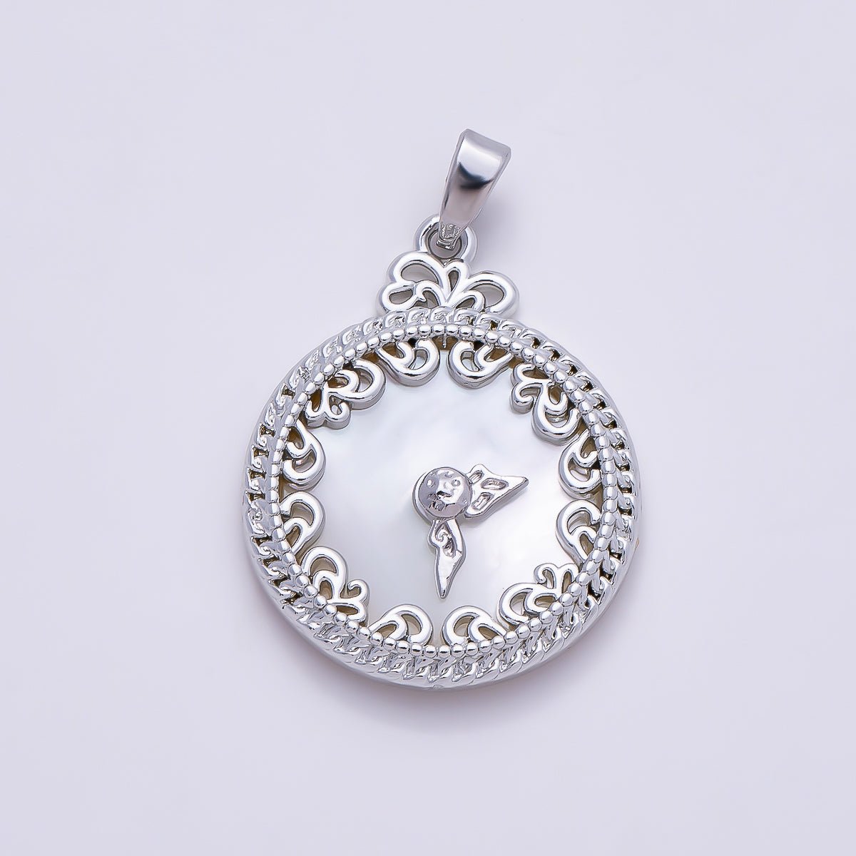 16K Gold Filled 24.5mm Mother of Pearl Clock Artisan Bezel Round Pendant in Gold &amp; Silver | Charms-01362 Charms-01363