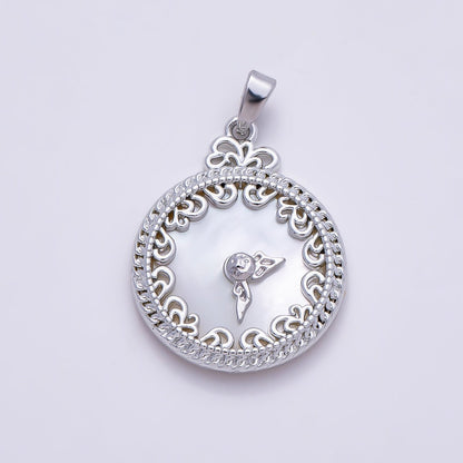 16K Gold Filled 24.5mm Mother of Pearl Clock Artisan Bezel Round Pendant in Gold &amp; Silver | Charms-01362 Charms-01363