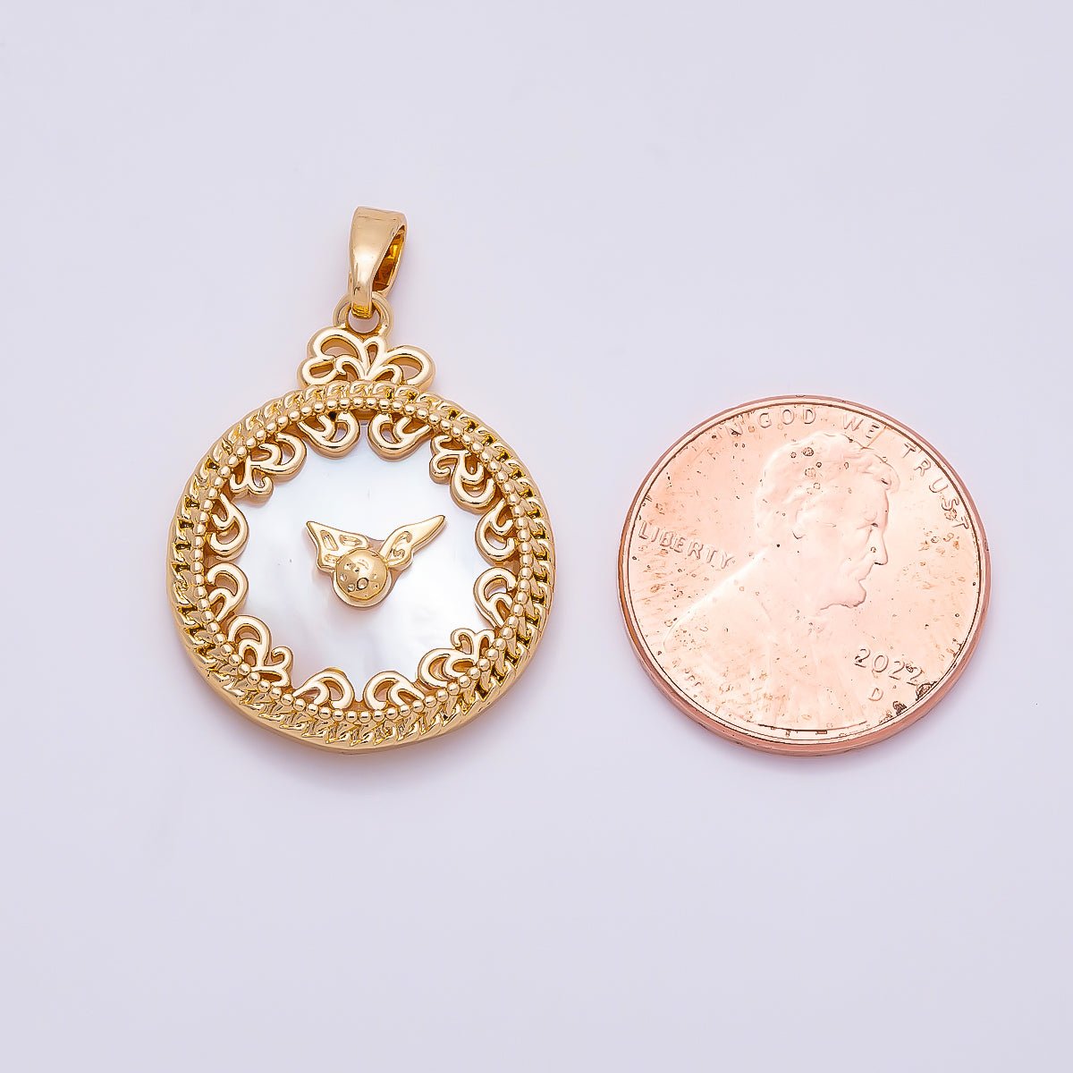 16K Gold Filled 24.5mm Mother of Pearl Clock Artisan Bezel Round Pendant in Gold &amp; Silver | Charms-01362 Charms-01363