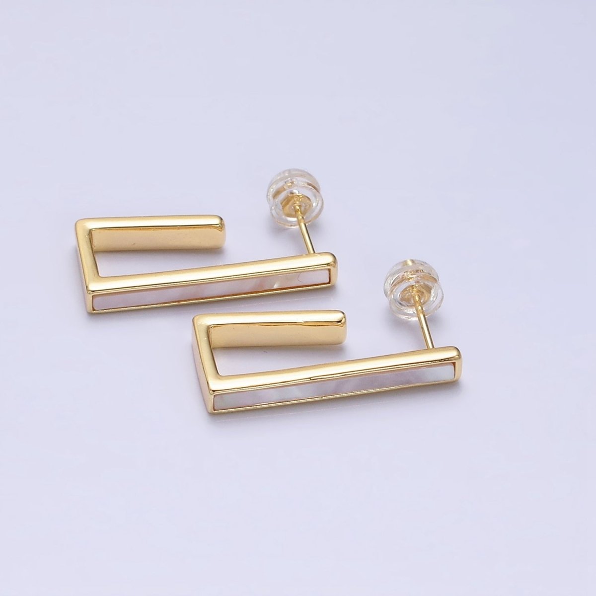 16K Gold Filled 24.5mm Shell Pearl Lined Boxy J-Shaped Hoop Earrings in Gold &amp; Silver | AD-333 AD-334