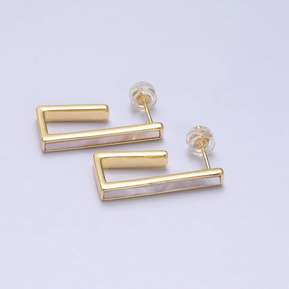 16K Gold Filled 24.5mm Shell Pearl Lined Boxy J-Shaped Hoop Earrings in Gold &amp; Silver | AD-333 AD-334