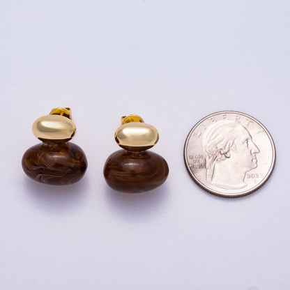 16K Gold Filled 24mm Green, Brown, White Resin Oval Drop Stud Earrings | Earrings-00370 ~ Earrings-00373
