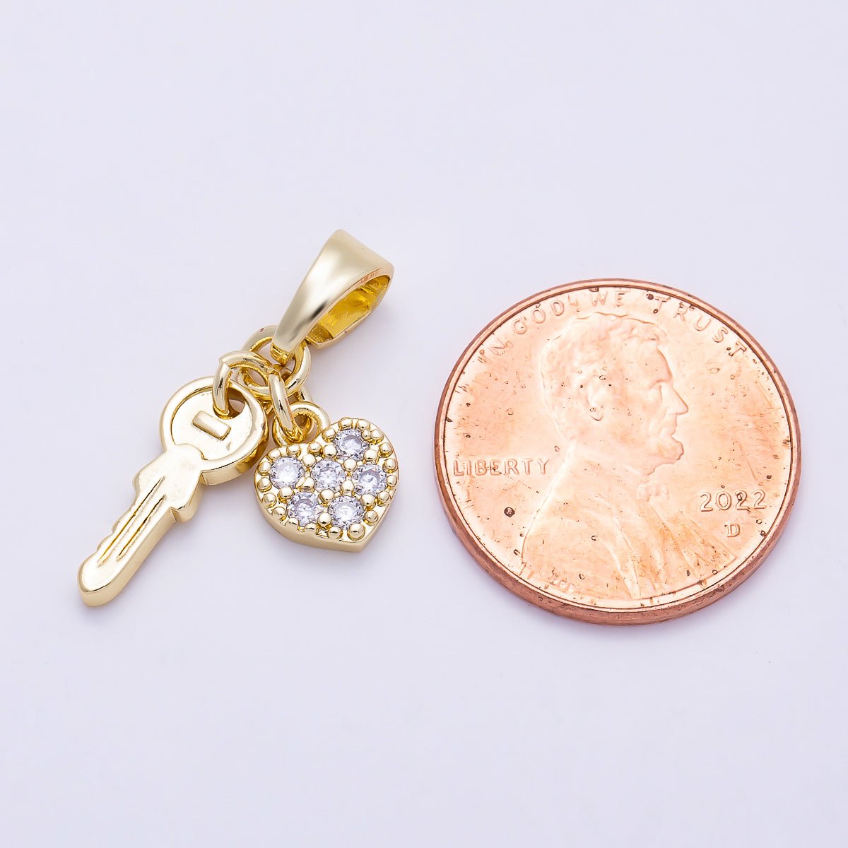 16K Gold Filled 24mm Micro Paved CZ Heart Key Pendant | Charms-01386