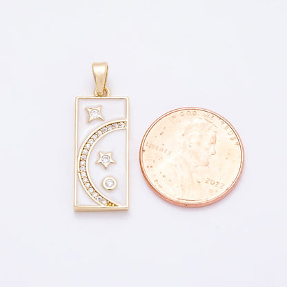16K Gold Filled 24mm Micro Paved CZ White Enamel Celestial Moon Star Rectangular Tag Pendant | Charms-00953