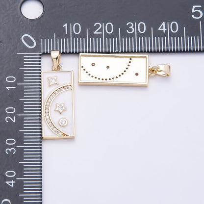 16K Gold Filled 24mm Micro Paved CZ White Enamel Celestial Moon Star Rectangular Tag Pendant | Charms-00953