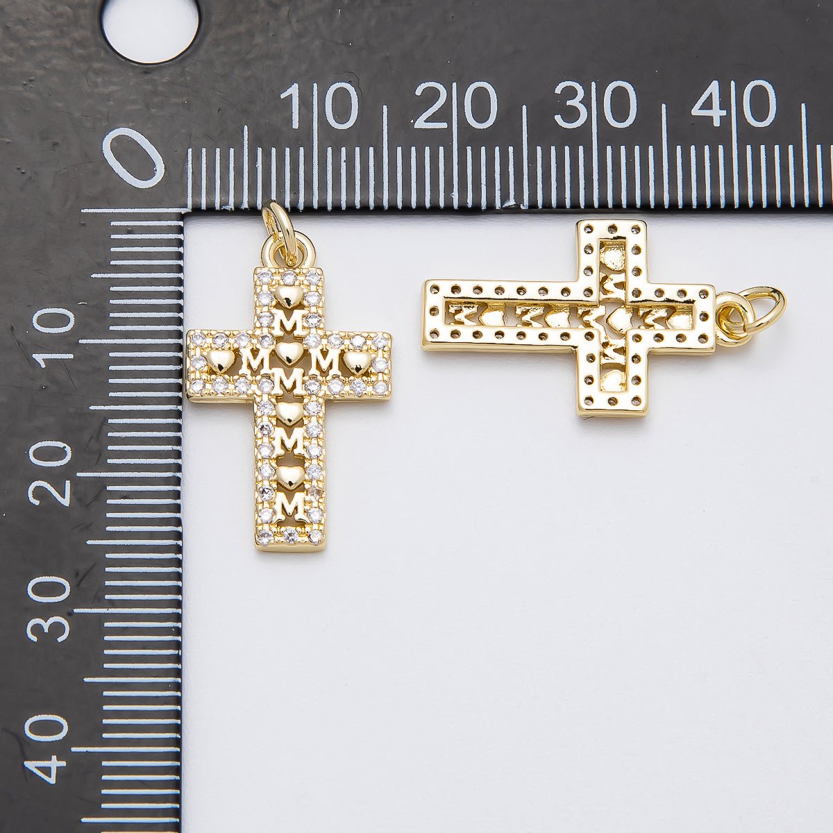 16K Gold Filled 24mm Love "MOM" Micro Paved CZ Religious Cross Charm | Charms-00461