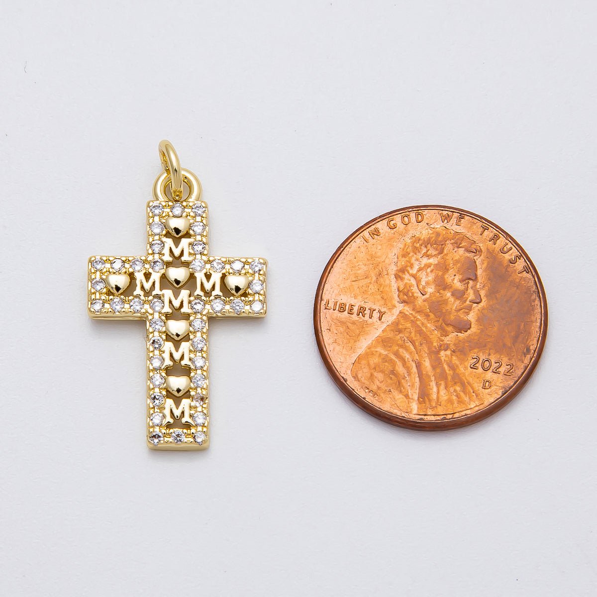 16K Gold Filled 24mm Love "MOM" Micro Paved CZ Religious Cross Charm | Charms-00461
