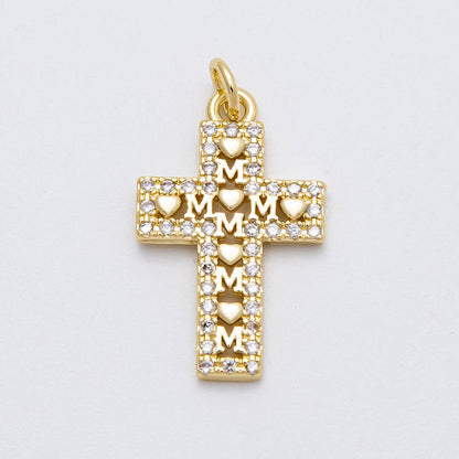 16K Gold Filled 24mm Love "MOM" Micro Paved CZ Religious Cross Charm | Charms-00461