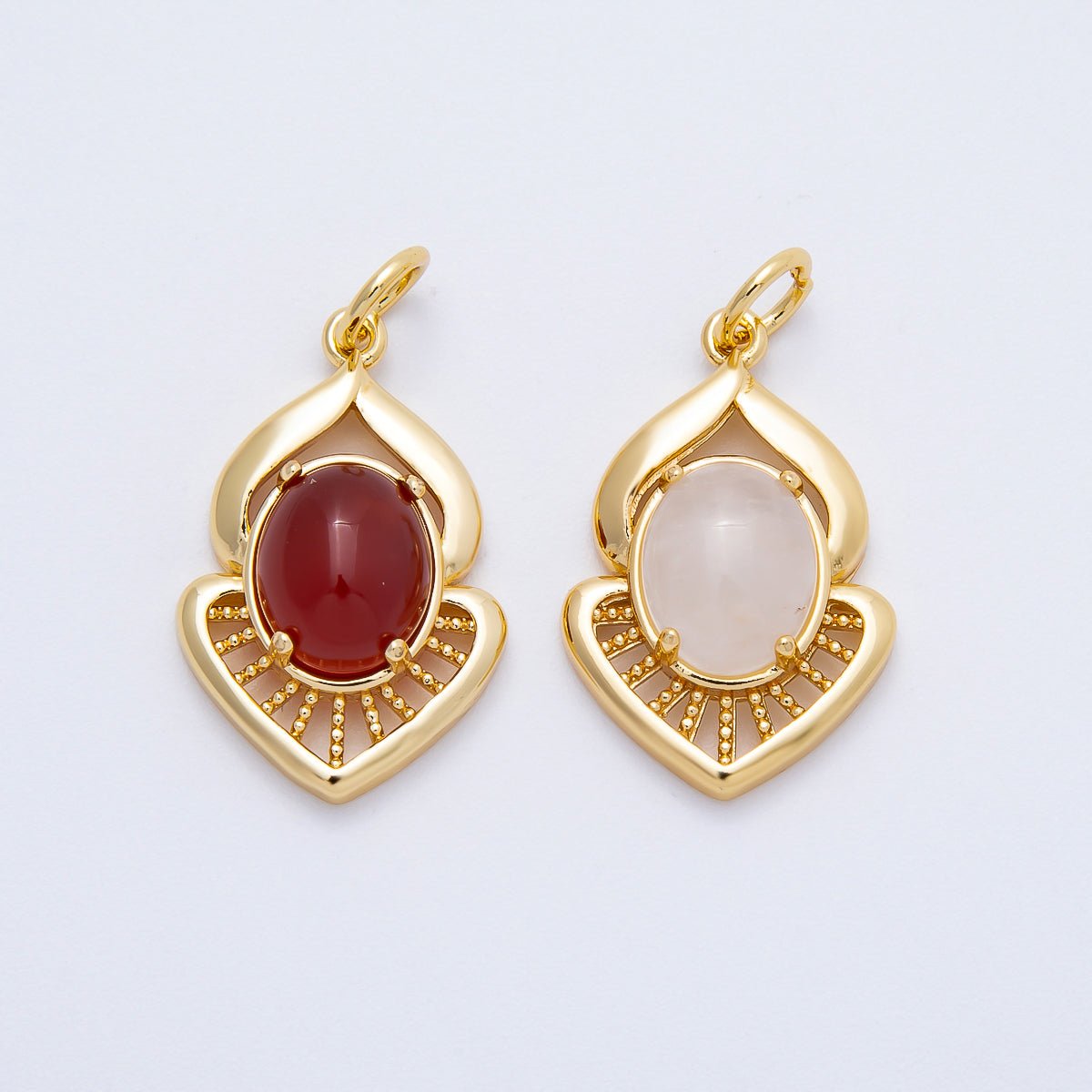 16K Gold Filled 24mm Moonstone, Red Agate Cabochon Gemstone Curved Geometric Charm | Charms-00697 - Charms-00698