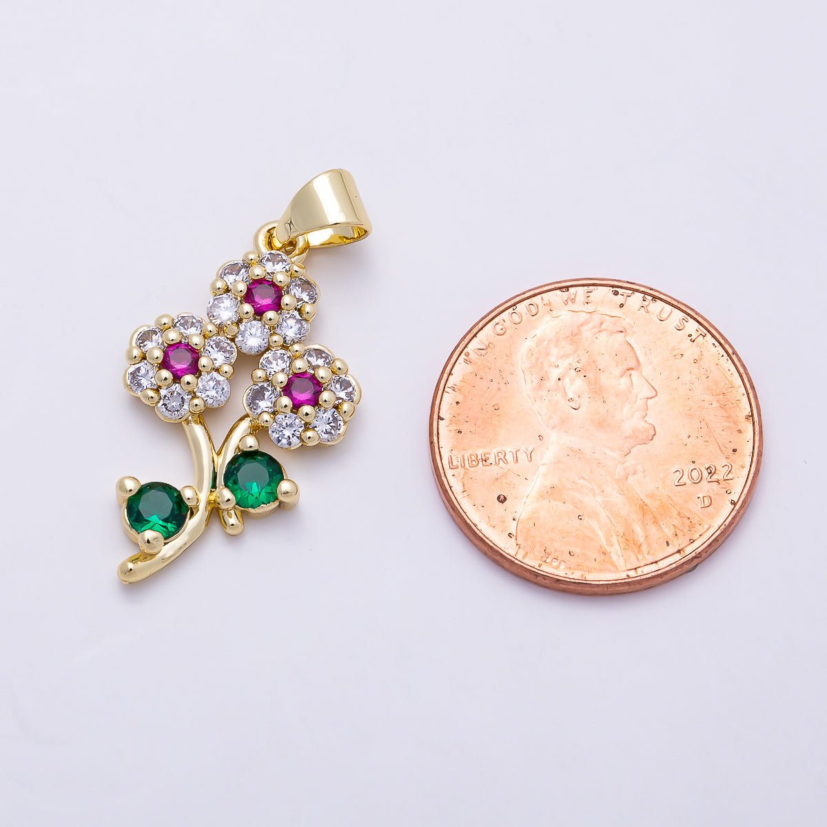 16K Gold Filled 24mm Multicolor Micro Paved CZ Triple Flower Pendant | Charms-01400
