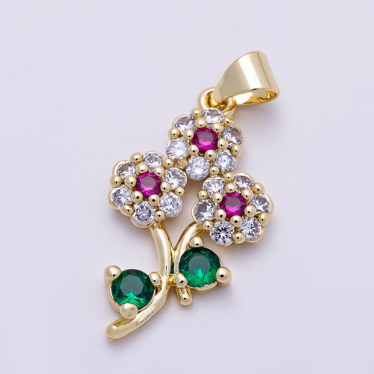 16K Gold Filled 24mm Multicolor Micro Paved CZ Triple Flower Pendant | Charms-01400