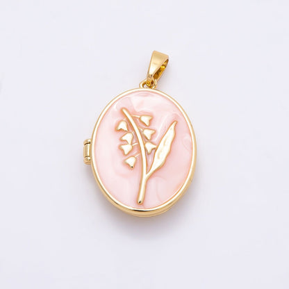 16K Gold Filled 24mm Pink, White Glitter Enamel Flower Oval Locket Pendant | Charms-01031 Charms-01032