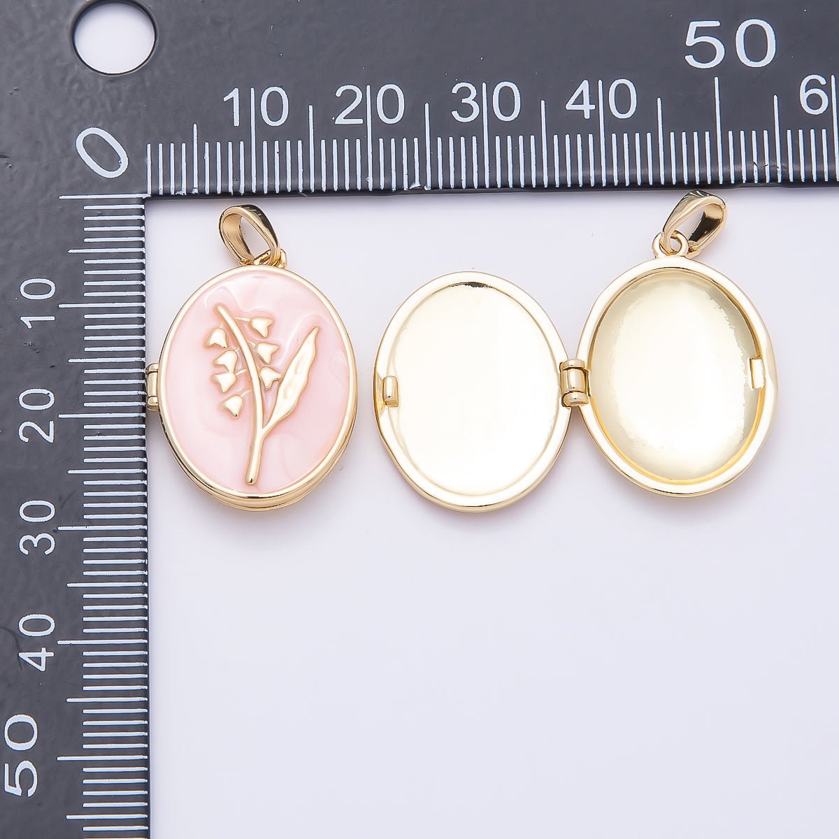 16K Gold Filled 24mm Pink, White Glitter Enamel Flower Oval Locket Pendant | Charms-01031 Charms-01032