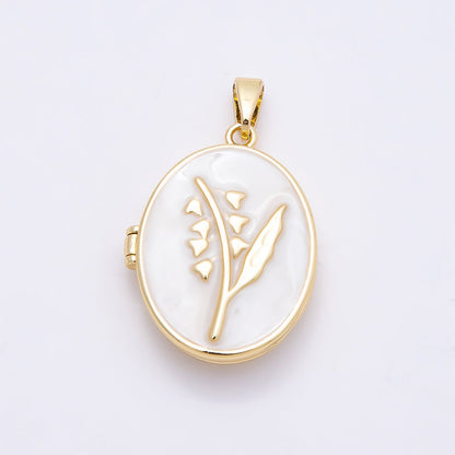 16K Gold Filled 24mm Pink, White Glitter Enamel Flower Oval Locket Pendant | Charms-01031 Charms-01032