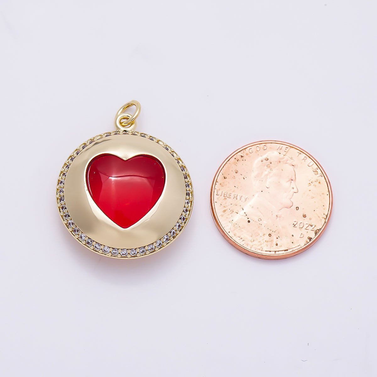 16K Gold Filled 24mm Red Heart Micro Paved CZ Round Pendant | Charms-01278
