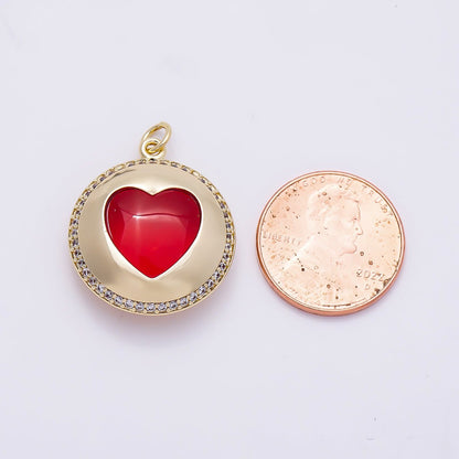 16K Gold Filled 24mm Red Heart Micro Paved CZ Round Pendant | Charms-01278