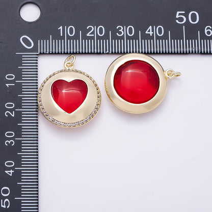 16K Gold Filled 24mm Red Heart Micro Paved CZ Round Pendant | Charms-01278