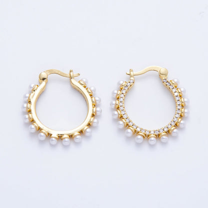 16K Gold Filled 24mm Shell Pearl Micro Paved CZ Latch Hoop | EARRINGS-00221