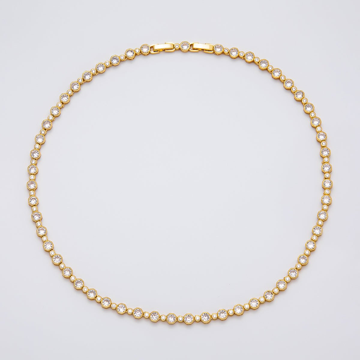 16K Gold Filled 2.5mm 5mm Clear Round Bezel Tennis Chain 16.5 Inch Adjustable Necklace | WA-04269