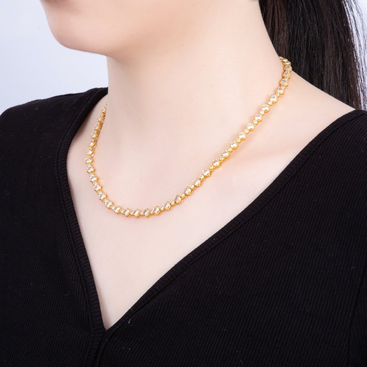 16K Gold Filled 2.5mm 5mm Clear Round Bezel Tennis Chain 16.5 Inch Adjustable Necklace | WA-04269
