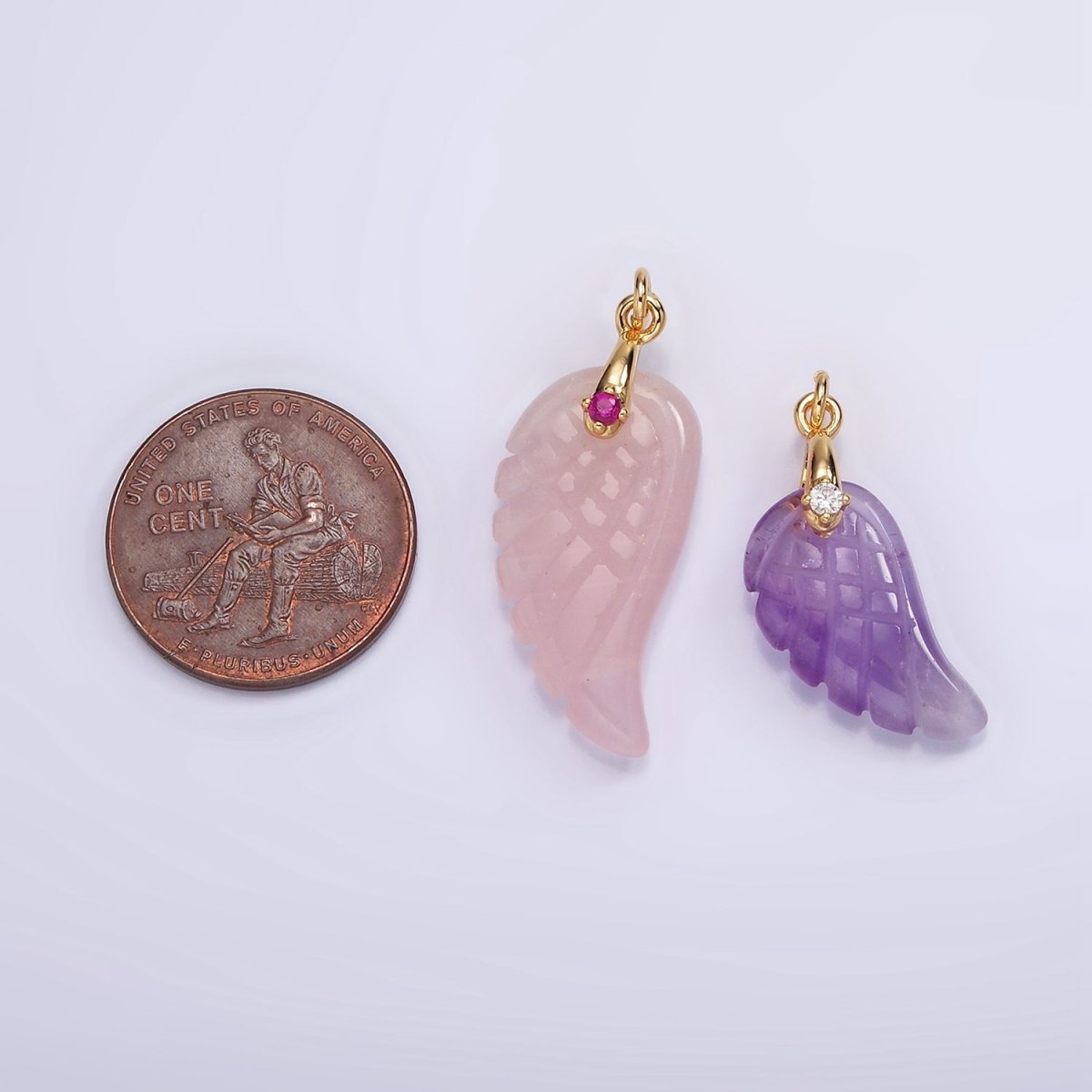 16K Gold Filled 25mm Amethyst Feather Wings CZ Bail Charm | AG298