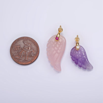 16K Gold Filled 25mm Amethyst Feather Wings CZ Bail Charm | AG298