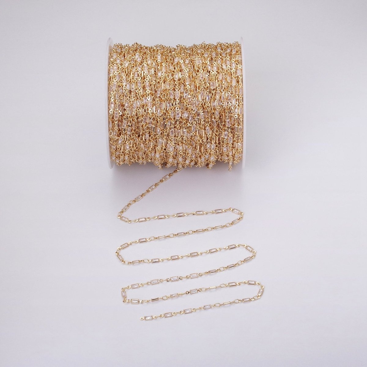 16K Gold Filled 2.5mm CZ Clear Baguette Cable Link Designed Unfinished Chain in Gold &amp; Silver | ROLL-1340 ROLL-1375 Clearance Pricing