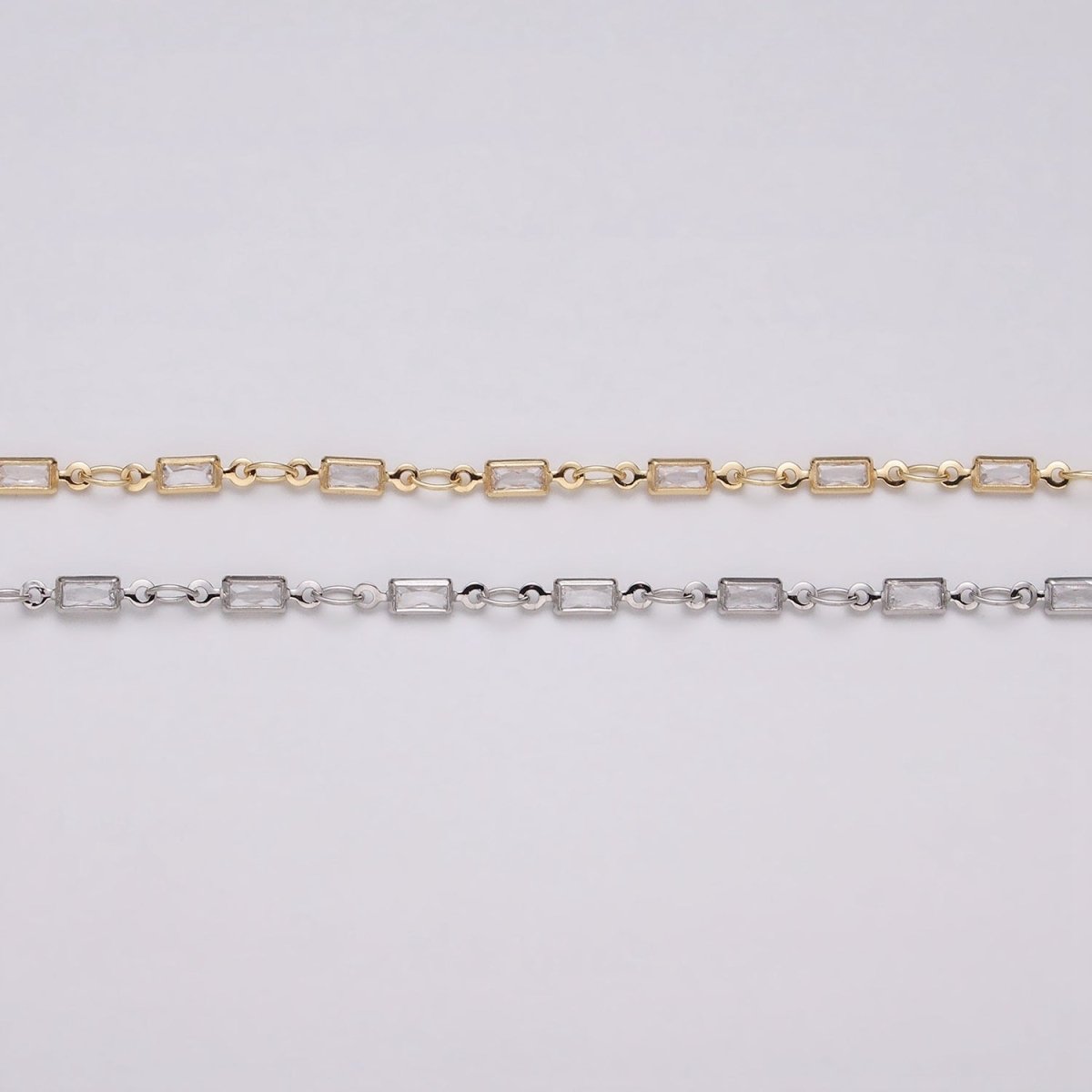 16K Gold Filled 2.5mm CZ Clear Baguette Cable Link Designed Unfinished Chain in Gold &amp; Silver | ROLL-1340 ROLL-1375 Clearance Pricing