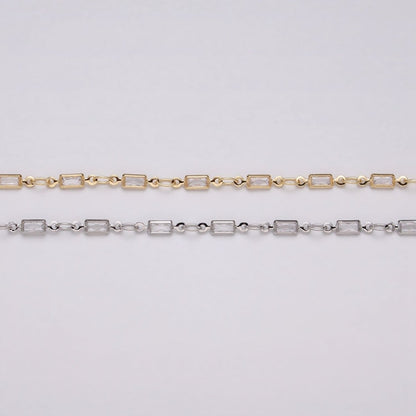 16K Gold Filled 2.5mm CZ Clear Baguette Cable Link Designed Unfinished Chain in Gold &amp; Silver | ROLL-1340 ROLL-1375 Clearance Pricing