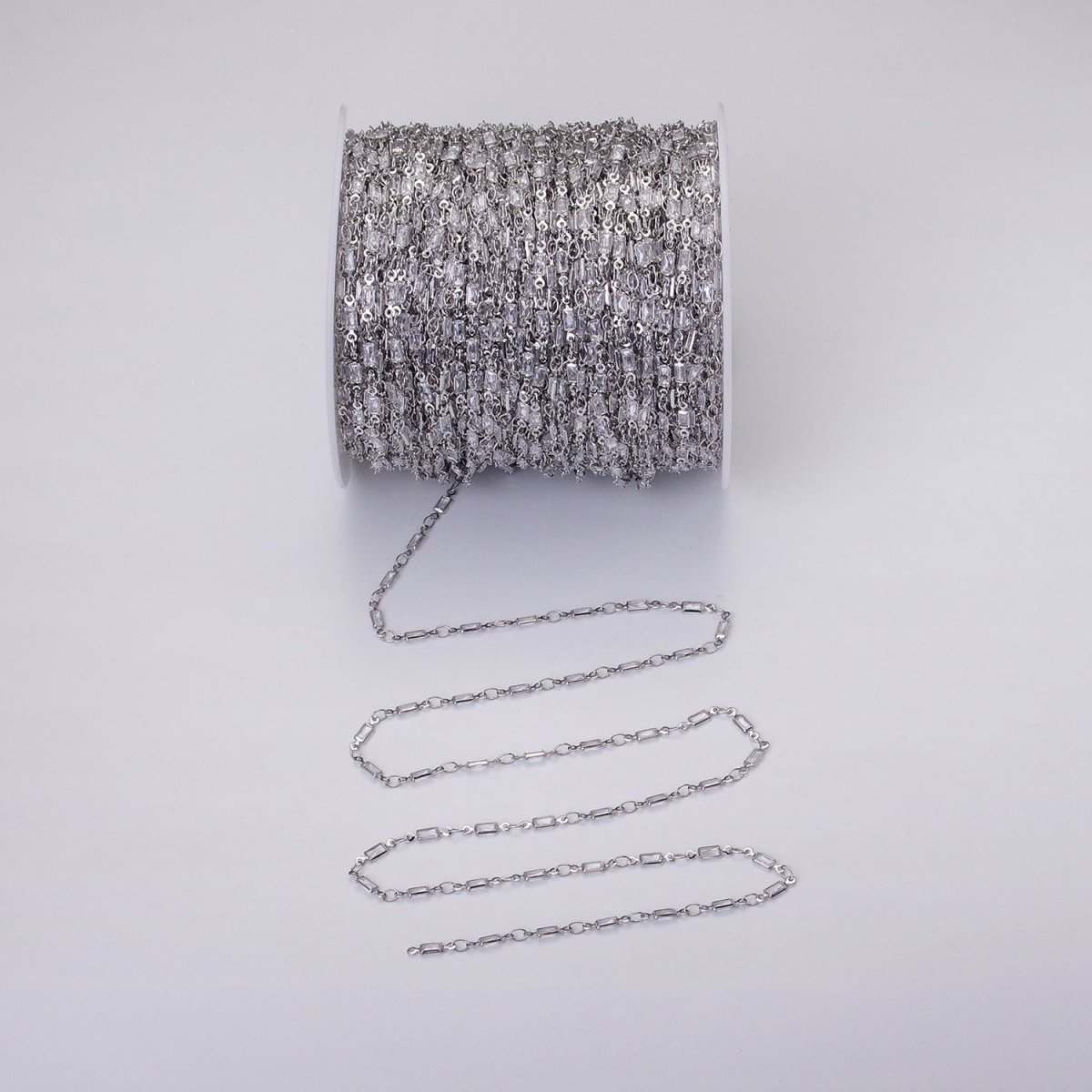 16K Gold Filled 2.5mm CZ Clear Baguette Cable Link Designed Unfinished Chain in Gold &amp; Silver | ROLL-1340 ROLL-1375 Clearance Pricing