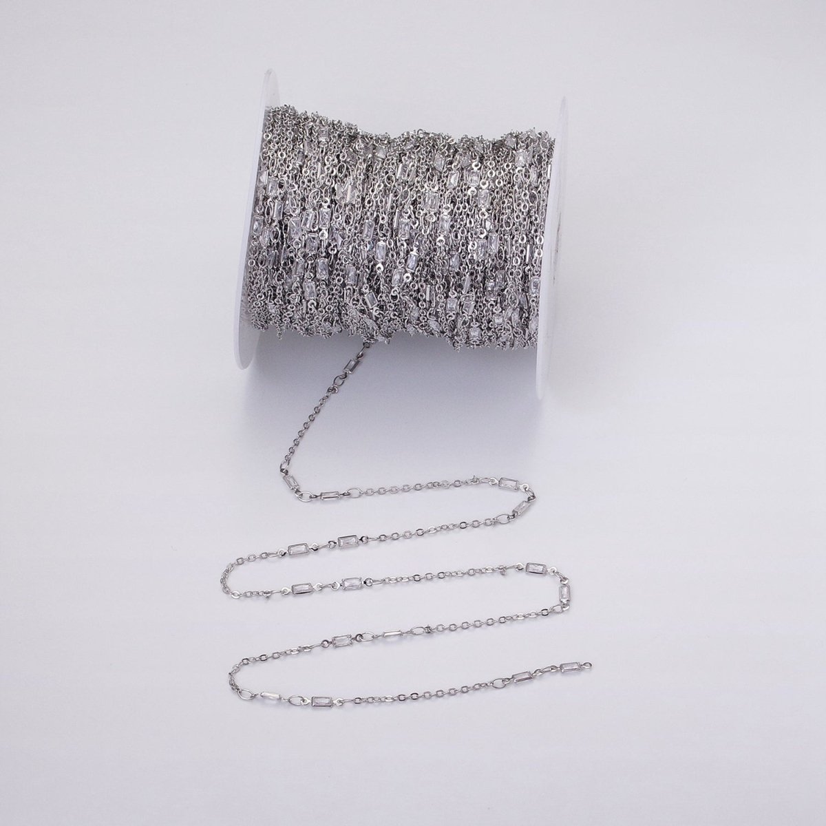 16K Gold Filled 2.5mm CZ Double Clear Baguette Cable Link Unfinished Chain in Gold &amp; Silver | ROLL-1333 ROLL-1334