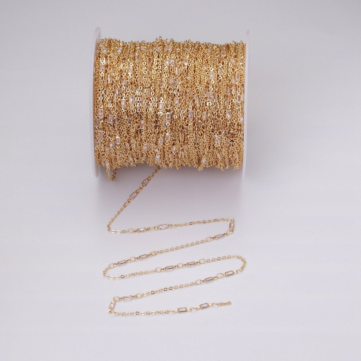 16K Gold Filled 2.5mm CZ Double Clear Baguette Cable Link Unfinished Chain in Gold &amp; Silver | ROLL-1333 ROLL-1334