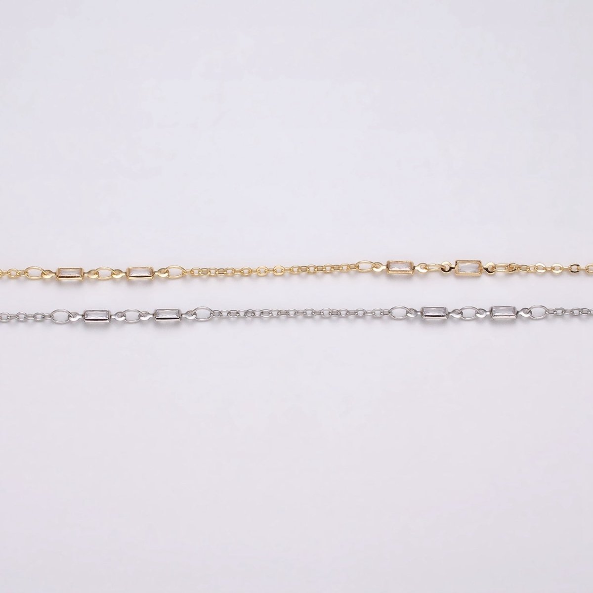 16K Gold Filled 2.5mm CZ Double Clear Baguette Cable Link Unfinished Chain in Gold &amp; Silver | ROLL-1333 ROLL-1334