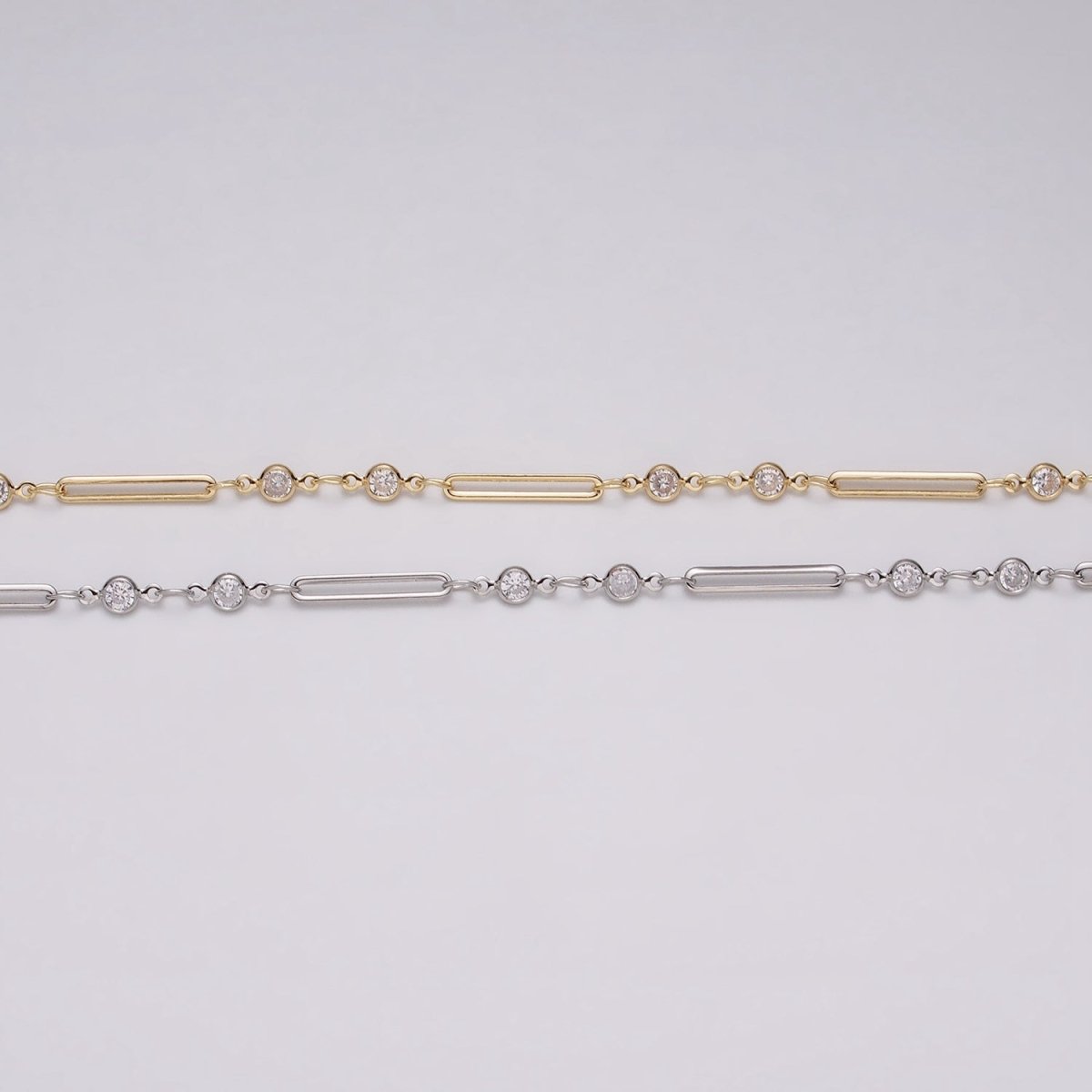 16K Gold Filled 2.5mm Double CZ Clear Round Paperclip Link Designed Unfinished Chain in Gold &amp; Silver | ROLL-1329 ROLL-1330