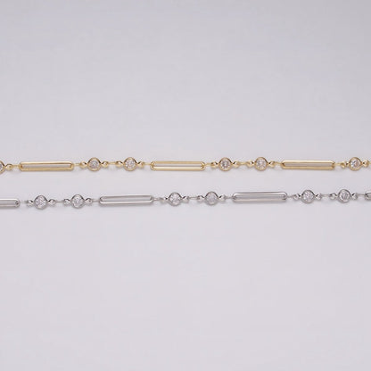 16K Gold Filled 2.5mm Double CZ Clear Round Paperclip Link Designed Unfinished Chain in Gold &amp; Silver | ROLL-1329 ROLL-1330