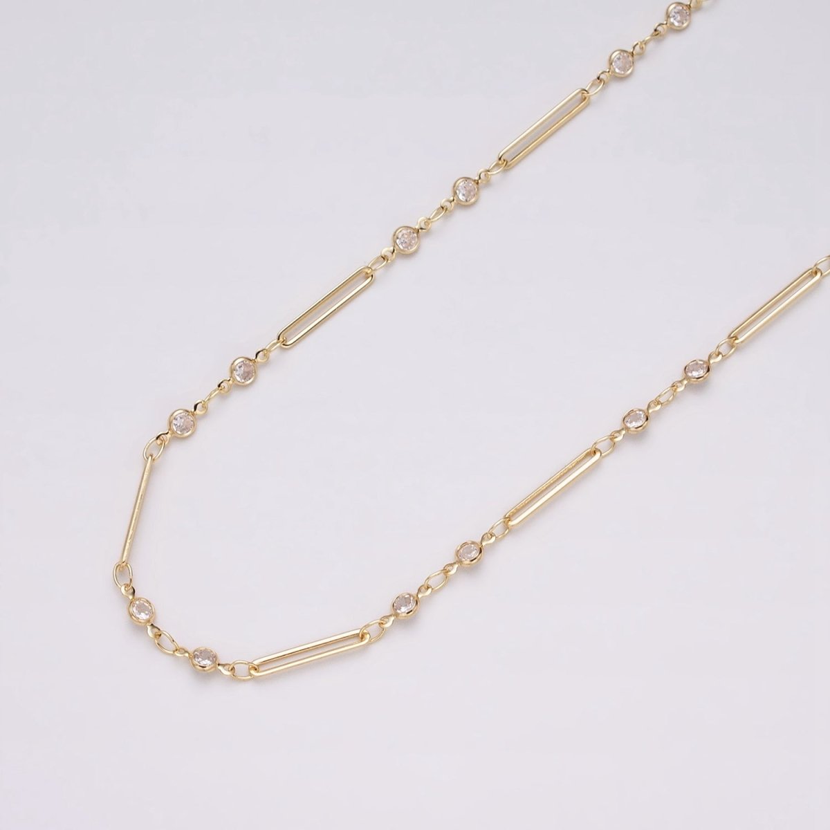 16K Gold Filled 2.5mm Double CZ Clear Round Paperclip Link Designed Unfinished Chain in Gold &amp; Silver | ROLL-1329 ROLL-1330