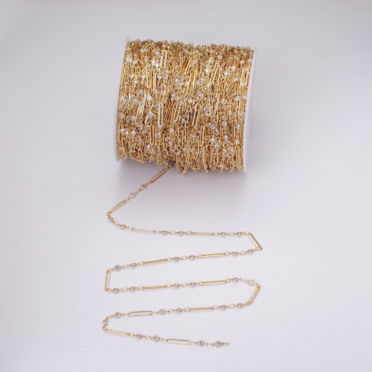 16K Gold Filled 2.5mm Double CZ Clear Round Paperclip Link Designed Unfinished Chain in Gold &amp; Silver | ROLL-1329 ROLL-1330