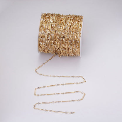 16K Gold Filled 2.5mm Double CZ Clear Round Paperclip Link Designed Unfinished Chain in Gold &amp; Silver | ROLL-1329 ROLL-1330