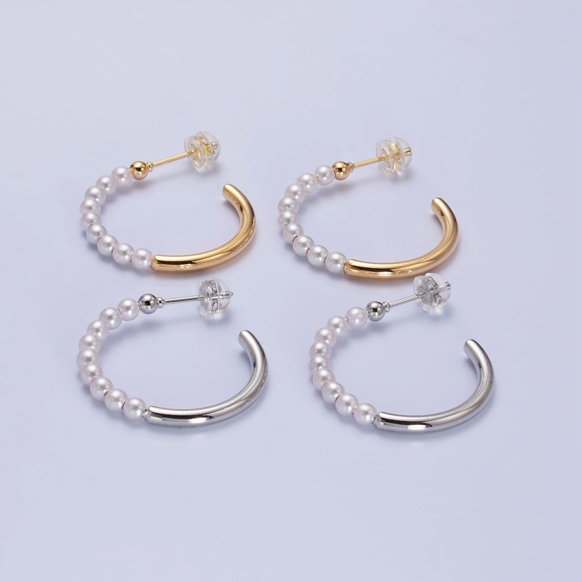 16K Gold Filled 25mm Half Pearl Hoop Earrings in Gold &amp; Silver | AB366 AB367