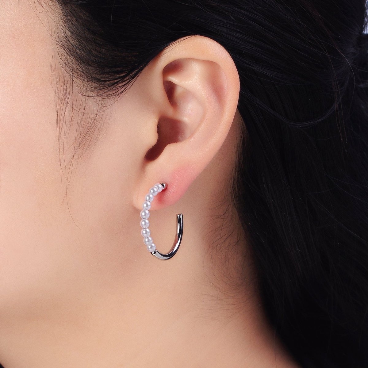 16K Gold Filled 25mm Half Pearl Hoop Earrings in Gold &amp; Silver | AB366 AB367