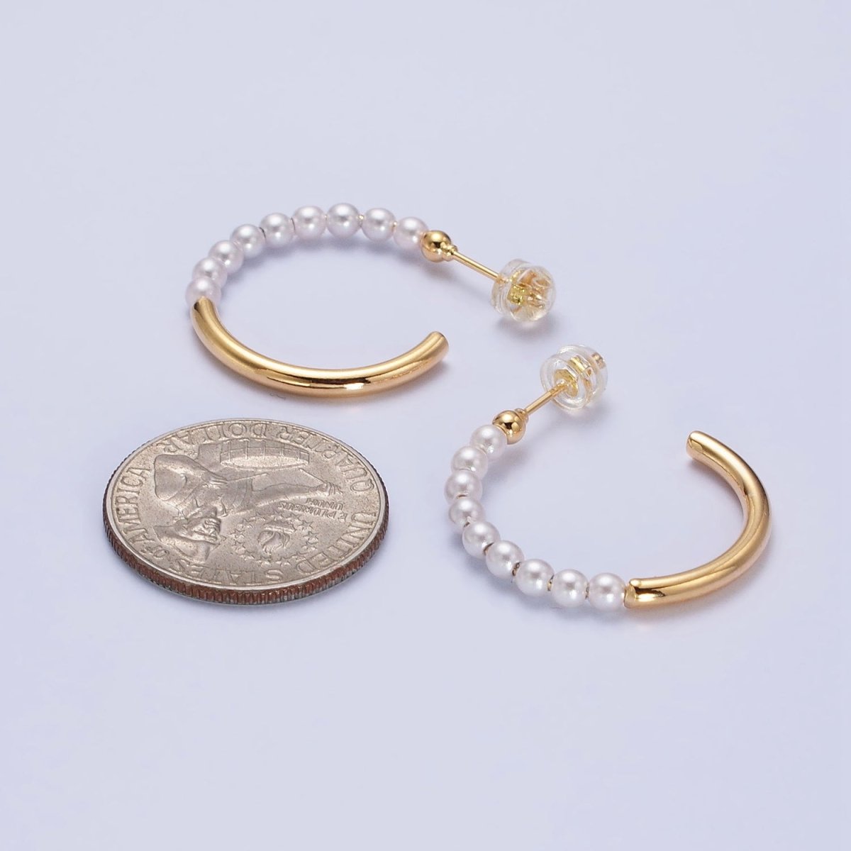 16K Gold Filled 25mm Half Pearl Hoop Earrings in Gold &amp; Silver | AB366 AB367
