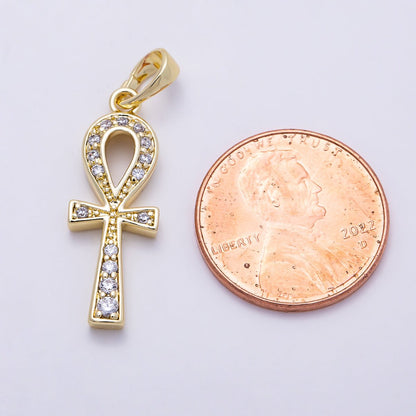 16K Gold Filled 25mm Micro Paved CZ Ankh Cross Religious Pendant | Charms-01393