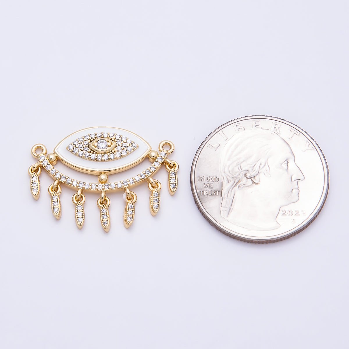 16K Gold Filled 25mm Micro Paved CZ Shell Pearl Evil Eye Curved Connector | Connectors-00020