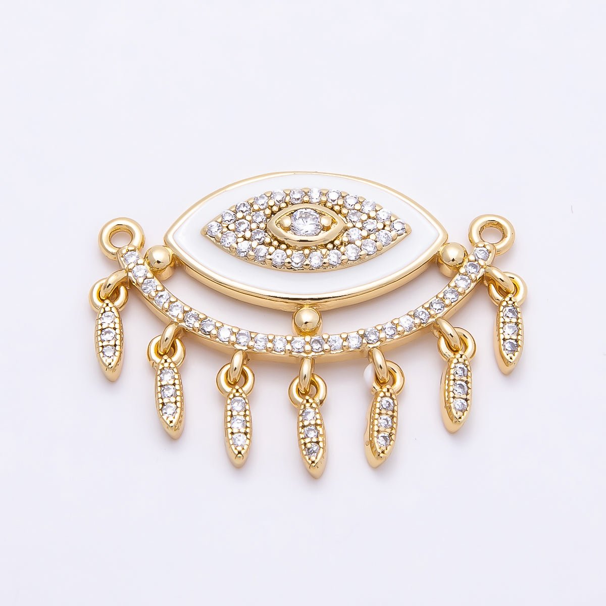 16K Gold Filled 25mm Micro Paved CZ Shell Pearl Evil Eye Curved Connector | Connectors-00020
