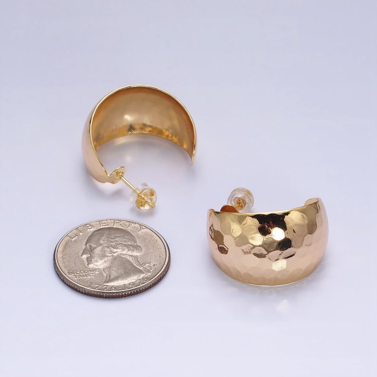 16K Gold Filled 25mm Round Multifaceted Wide Dome C-Shaped Hoop Earrings in Gold &amp; Silver | AE023 AE024