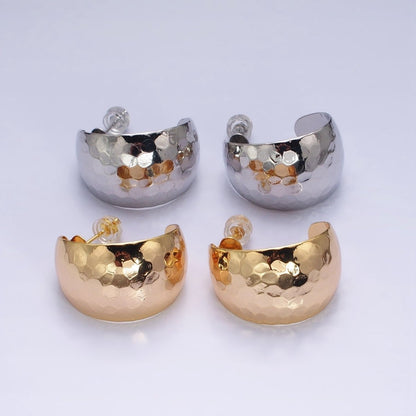 16K Gold Filled 25mm Round Multifaceted Wide Dome C-Shaped Hoop Earrings in Gold &amp; Silver | AE023 AE024