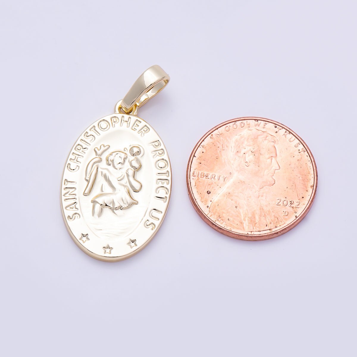 16K Gold Filled 25mm "Saint Christopher Save Us" Religious Prayer Oval Pendant | Charms-01397